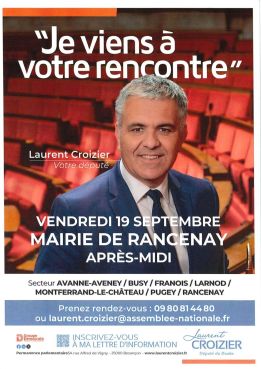 Permanence organisée par Monsieur Laurent CROIZIER, Député, le vendredi 19 septembre 2025 à Rancenay