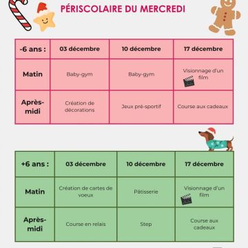 Périscolaire du mercredi : planning de décembre